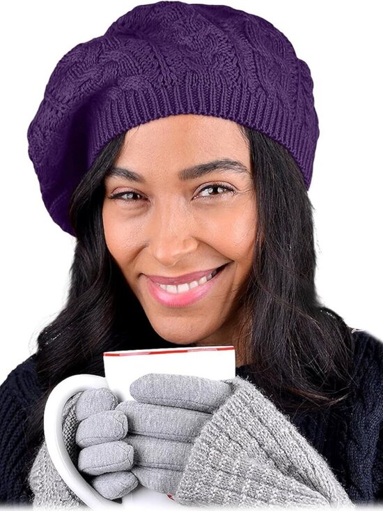 Women\'s Crochet Knitted Style Beanie Slouchy Hat Dark Purple main image 5